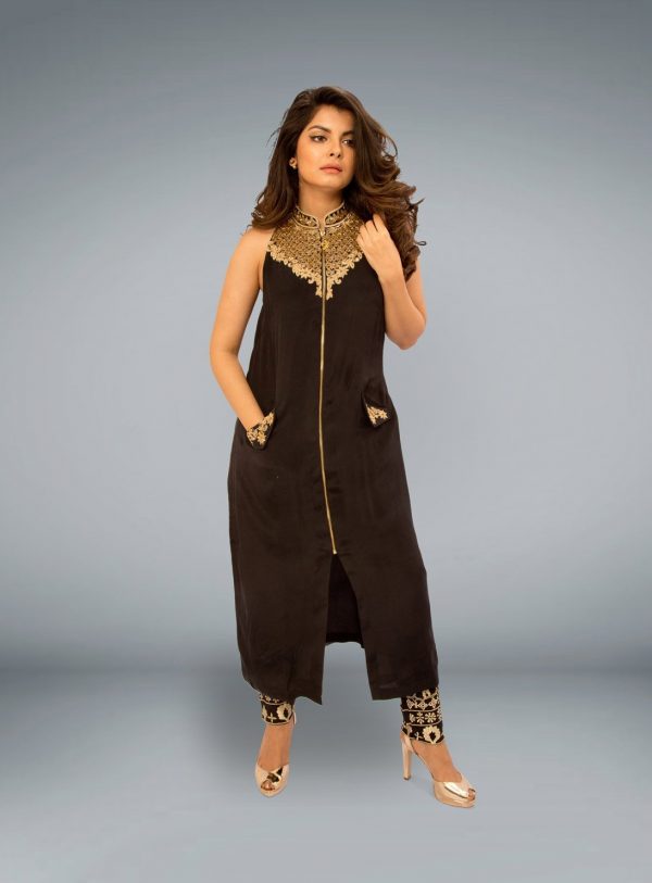 Black Crape Silk Kurta with Zardozi neck Embroidery and Cotton Lycra Pants with Embroidery