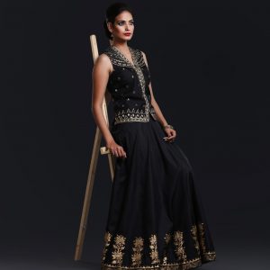 Black silk Khadi print lenga skirt with sequence embroidery and silk top with tissue tilla embroidery