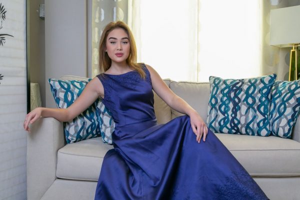 Blue Satin Gown with Black Thread Embroidery