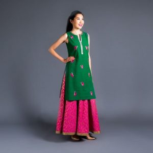 Chanderi Skirt With Cotton Butterfly Tunic
