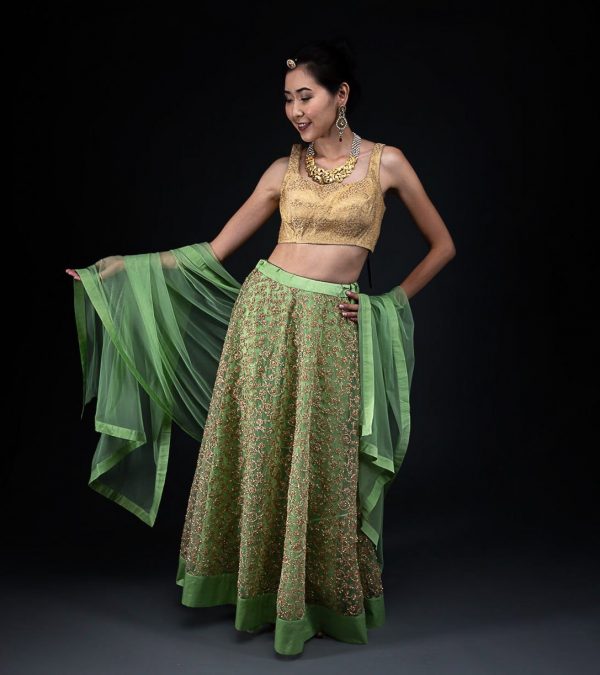 Green Net Embroided Skirt  With Brocade Blouse and Net Dupatta
