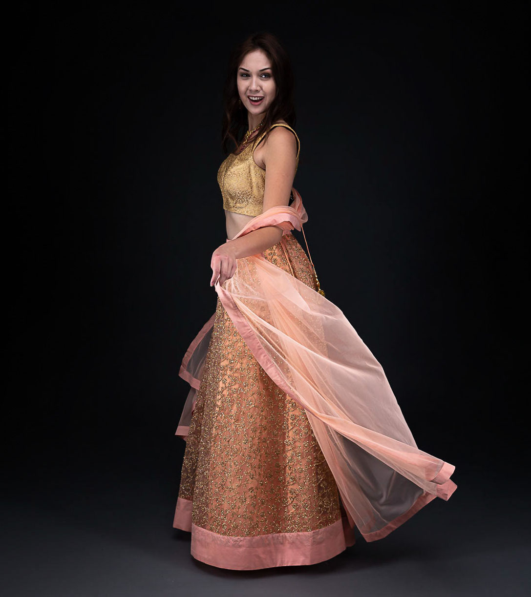 Peach Net Embroidery Skirt with Gold Brocade Blouse with Net Dupatta –  Designer Concepts