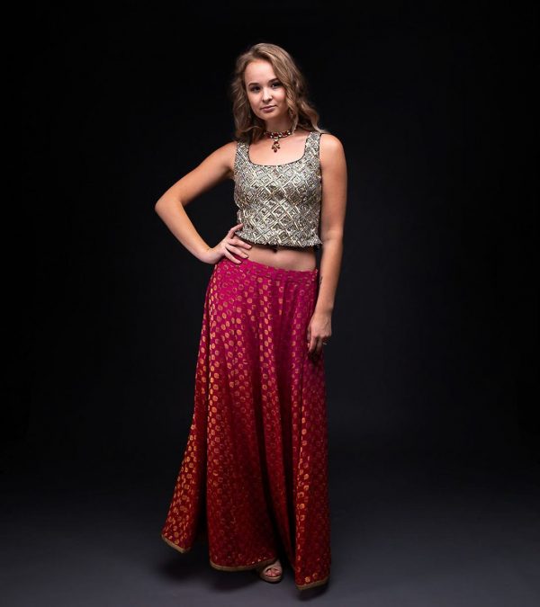 Pink Ombera Skirt with Heavy Embroidery Crop Top