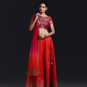Red Raw Silk Lehnga Skirt with hot pink kheem khab brocade blouse