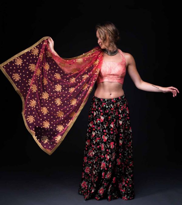 Velvet Embroidery Skirt With Banarsi Halter Blouse